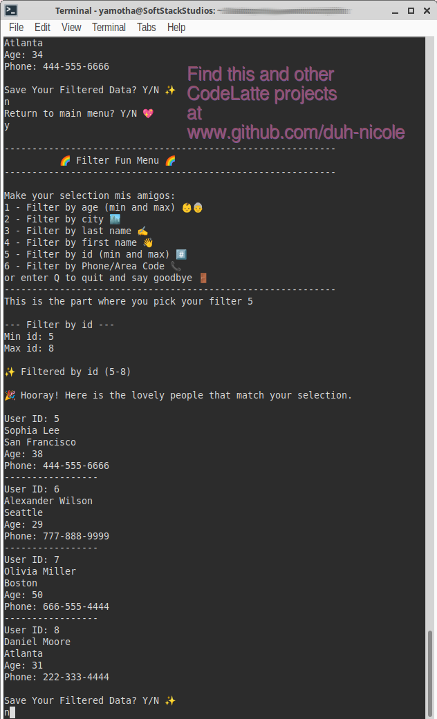 Preview of drip Filter dashboard interface showing user data filtered by ID number