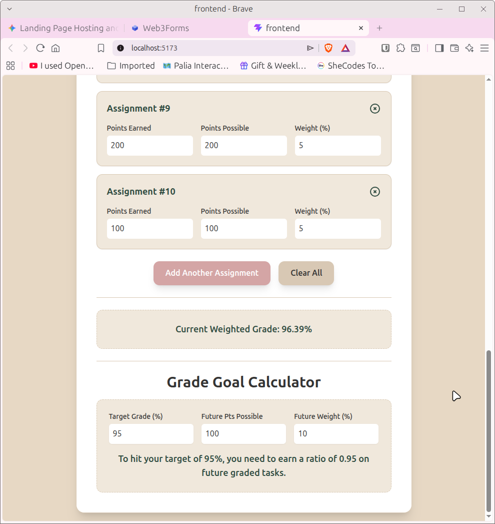 Preview of grade Quack-u-lator after 10 assignments have been added showing weighted grade logic